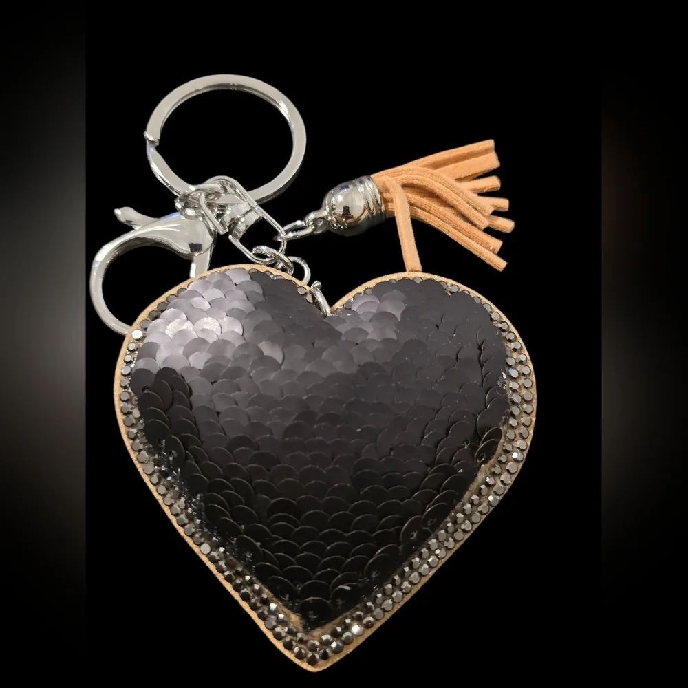 Gold and Black Sequin Heart Bag Charm Keychain